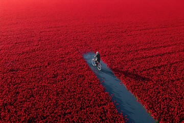 A solitary figure on a bicycle navigates a dark path amidst a vast field of vibrant red flowers.  High-angle, drone shot perspective