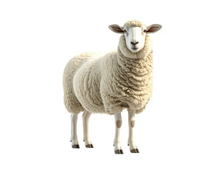 A fluffy white sheep stands and gazes, isolated against a black background
