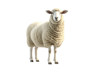 A fluffy white sheep stands and gazes, isolated against a black background