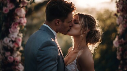 Wedding couple kisses under floral arch at sunset