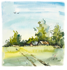 Russian Village Set. Watercolor Sketches/ Hand drawn illustration.