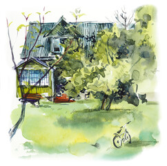 Russian Village Set. Watercolor Sketches/ Hand drawn illustration.