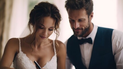 Bride and groom in formal attire signing marriage certificate indoors with soft daylight