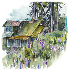Russian Village Set. Watercolor Sketches/ Hand drawn illustration.