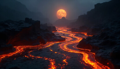 Fototapeta premium Volcanic Lava Flow Under Moonlight