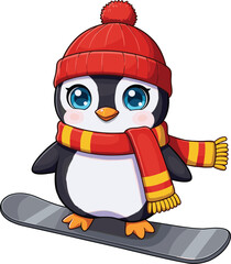  Cute penguin wearing red hat and scarf standing on snowboard, adorable winter animal cartoon character illustration for Christmas, holiday, and kids design vector