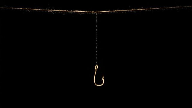 Close-up of shiny golden fishing hook suspended from a string, minimalist style, isolated on black background, symbolizing bait or temptation
