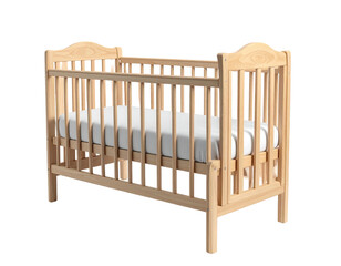 Wooden baby crib with slats, mattress, and arched headboard, angled on black