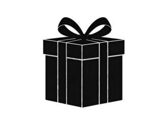 Black silhouette of a gift box with ribbon, transparent background