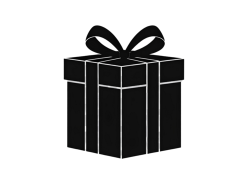Black silhouette of a gift box with ribbon, transparent background