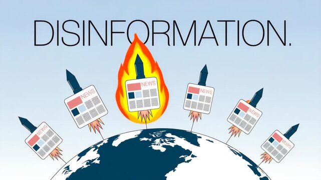 Disinformation: A Visual Metaphor: This image captures the destructive power of disinformation, depicting rockets launching misleading information across a global landscape.