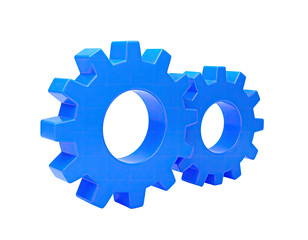 Two blue cogwheels, interlocking, against a black background. 3D render