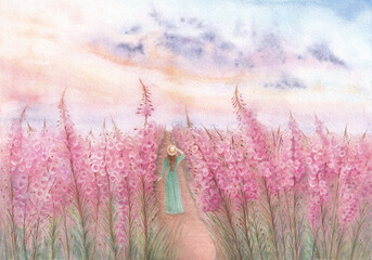 Floral landscape young woman in hat long emerald dress walks in a flower field pink tall flowers beautiful evening sunset Bright juicy landscape Watercolor painting