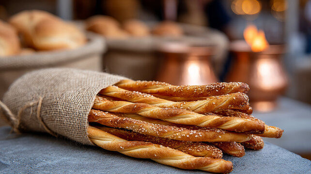 Rustic breadsticks sprinkled with sesame seeds in natural setting.