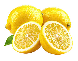 Group of bright yellow citrus fruits, one halved to expose interior