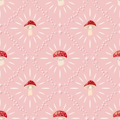 Vector seamless pattern with fly agaric mushrooms. Cute design, ideal for textiles, wrapping paper, wallpapers, and seasonal decorative projects
