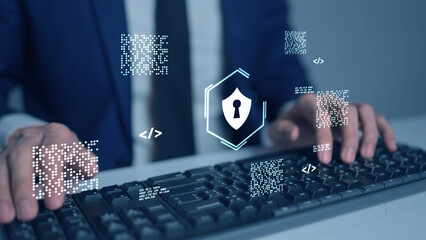 Corporate Cyber Security and Risk Management. A professional manages company security protocols on a digital device, symbolizing the protection of sensitive business assets, client data, and critical 