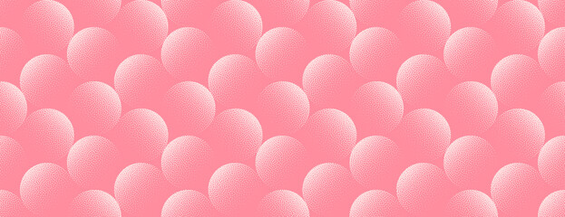 Vector abstract wide panoramic background with modern halftone sphere bubble pattern in pink colour. Grainy textured striking abstraction adds volume and softness for web, print and creative branding