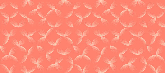 Vector abstract wide panoramic background with halftone star petal pattern in warm coral colour. Grainy texture and soft gradients enhance the dynamic and artistic flow of this stylish classy backdrop
