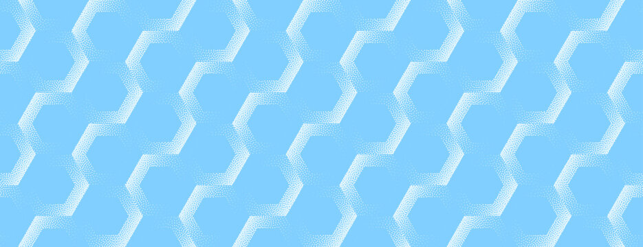 Vector abstract wide panoramic background with halftone hexagon pattern in light blue colour. Minimal grainy texture gives it a futuristic and structured look for digital interfaces and visual systems