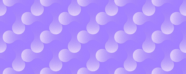 Vector abstract wide panoramic background with halftone metaball fluid shapes pattern in violet colour. Grainy texture enhances visual softness and movement for branding, posters and UI backdrops