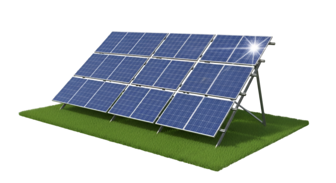 Solar Panel Array on Green Grass with Sun Glare solar panels