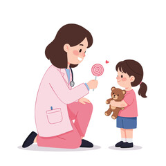 a pediatrician in a pink lab coat kneeling beside a little girl holding a teddy bear, the doctor smiling and giving the child a lollipop.
