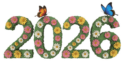 Year 2026 with flowers and butterflies, celebrating the future, a natural and vibrant concept
