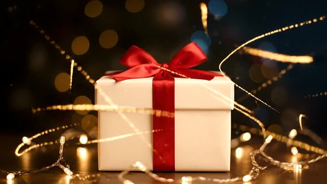 Magical Christmas Present with Red Bow and Sparkling Lights.
