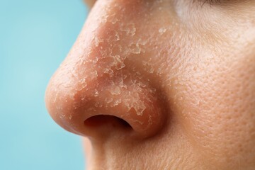 Fototapeta premium Extreme close-up of a human nose highlights dry, flaking skin, depicting a sensitive dermatology condition needing urgent skincare attention on blue