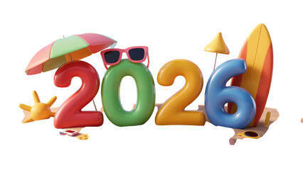 Happy New Year 2026 concept featuring colorful 3D numbers with summer beach vacation accessories like a surfboard and sunglasses