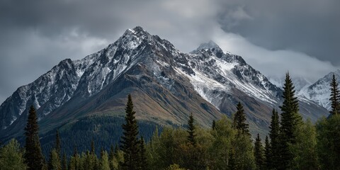 Majestic Mountain Peaks: A panoramic vista unfolds, revealing towering mountain peaks capped with glistening snow, their rugged surfaces contrasting with the verdant foreground of towering trees.