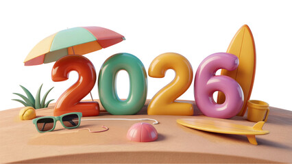 Sunny beach scene with 2026 numerals, surfboard, sunglasses, and beach umbrella signaling a festive and bright year ahead