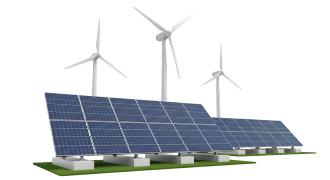Solar Panel Array With Wind Turbines In The Background