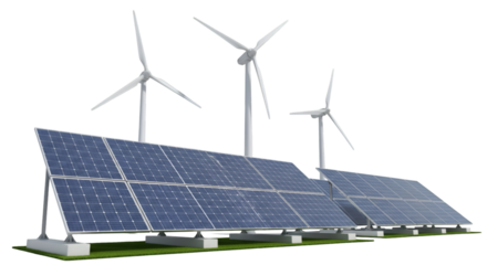 Solar Panel Arrays and Wind Turbines on Green Ground