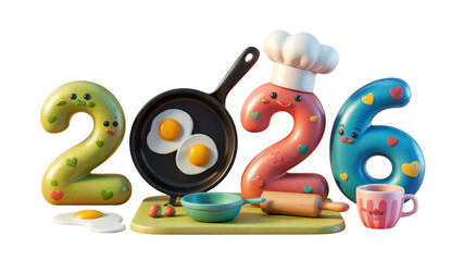 Festive New Year 2026 greeting card concept featuring a charming 3D food art scene with sunny-side-up eggs, a frying pan, and cute dough characters