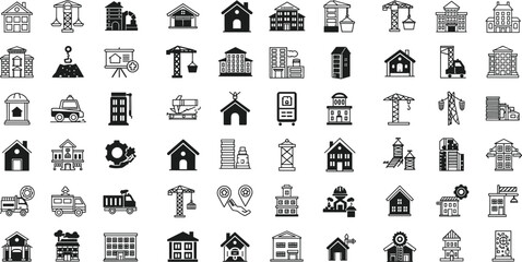 Construction and building icons set, real estate development, architecture design, industrial structure, engineering concept, infrastructure and home improvement illustration