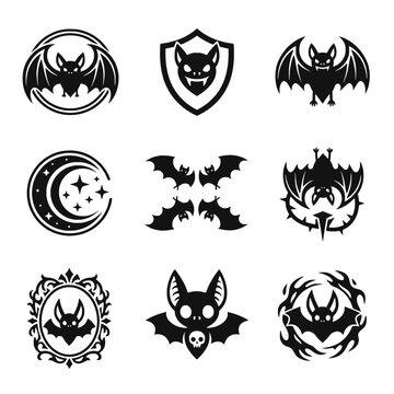 Halloween icon set of vampire bats, gothic, spooky isolated logos twitch emotes transparent background