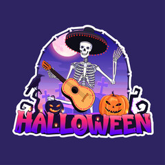 Funny skeleton plays music for Halloween celebration. Colorfuk sticker design