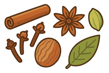 Essential aromatic whole spices set including cinnamon, star anise, nutmeg, cloves, cardamom, and bay leaf