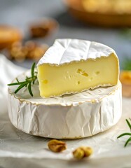 Creamy Camembert cheese wedge on parchment paper
