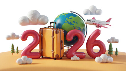 Optimistic 3D Rendered Scene for Future Travel and Vacation Plans in 2026, Featuring a Globe, Airplane, and Suitcase on a Sandy Landscape