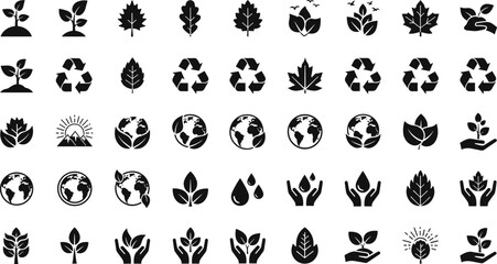 Eco and nature icons, green leaf, recycling, sustainability, environment protection, renewable resources, earth care, water conservation, eco-friendly illustration, organic growth