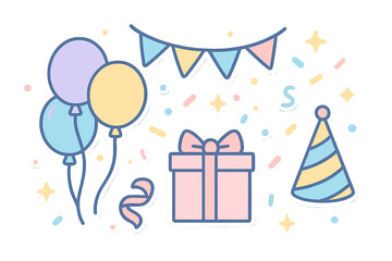 Pastel colored birthday party elements balloons gift box hat and confetti