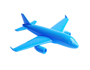 A vibrant, glossy, blue airplane model floating against a black background