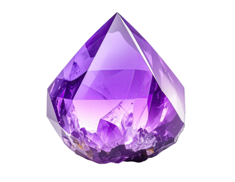 A faceted, polished amethyst crystal, glowing with internal violet light