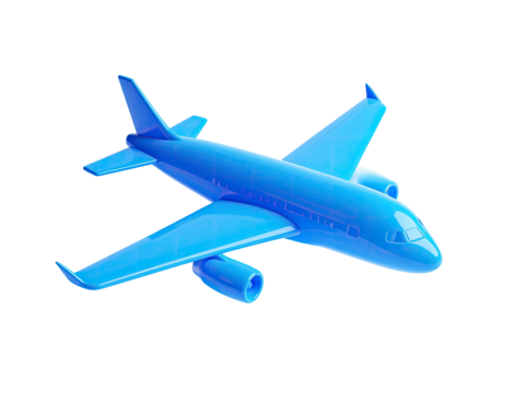 A vibrant, glossy, blue airplane model floating against a black background