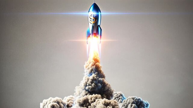 Animated blue rocket with dollar sign launches through smoke and flames symbolizing financial growth.
