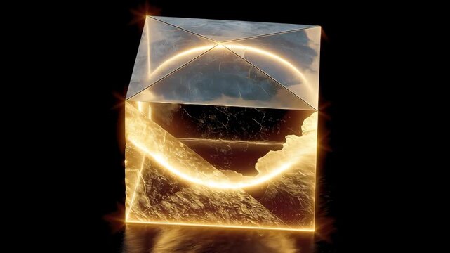 Golden transparent cube with glowing ring and mysterious light

