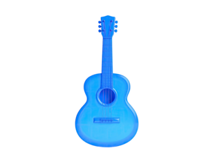 A glowing, blue acoustic guitar isolated against a stark, black background